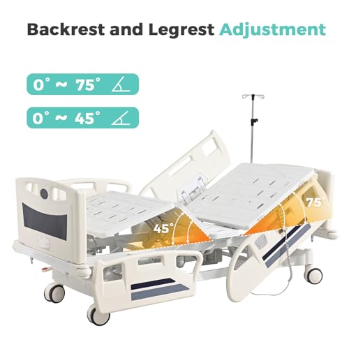 OLERN Premium 5 Function Full Electric ICU Hospital Bed with 4.7\" Mattress for Home Use-17.7\" - 29.5\" Height Range-CPR One-Click Recovery-5\" Casters, 530LBS Loading, Adjustable Medical Bed Frame-Navy