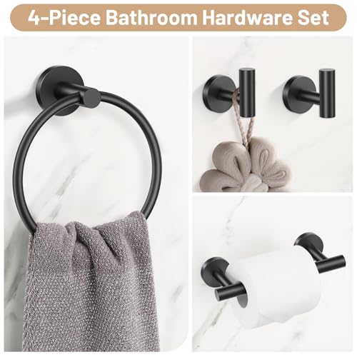 Black Bathroom Hardware Set, 4-Piece Towel Holder Set Include Double Bases Toilet Paper Holder,Towel Ring and 2 Towel Hooks Stainless Steel Wall Mounted Bathroom Hardware Accessories Set - Thumbnail 2