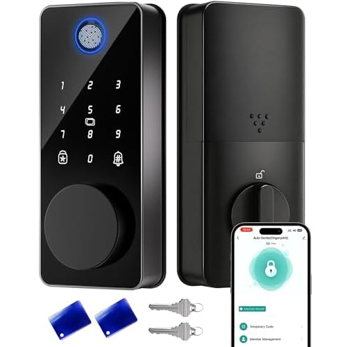 Smart Lock, Fingerprint Keyless Entry Door Lock App Control, Electronic Touchscreen Keypad, Auto Locking, IP54 Weatherproof, Easy Install Digital Deadbolt for Front Door Glossy Black No Hand