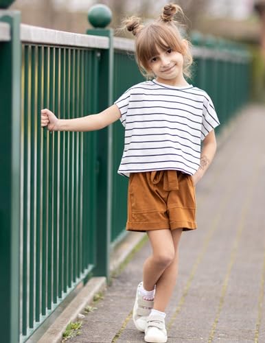 Image of Arshiner Girls 2 Piece Outfit Summer Drop Shoulder Batwing Sleeve Tops and Paperbag Waist Shorts Set Cute Clothing Size 6-14