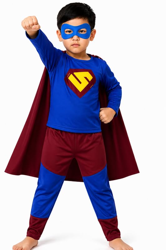 Image of Raj Costume Boys Superhero Costume Set with Mask | Blue & Red Full Sleeve T-Shirt with Track Pants | Kids Fancy Dress Costume for Birthday Party, School Function & Role Play