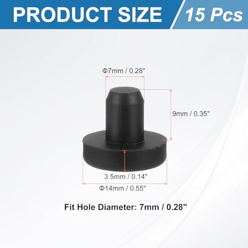 Image of uxcell 15Pcs Silicone Hole Plug, Waterproof Solid T-Shaped Rubber Stoppers Bottle Seal Tube Pipe Plug End Cap for 7mm /0.28 inch Hole for Bathtub Bottle, 0.35 inch Plug Height, Black