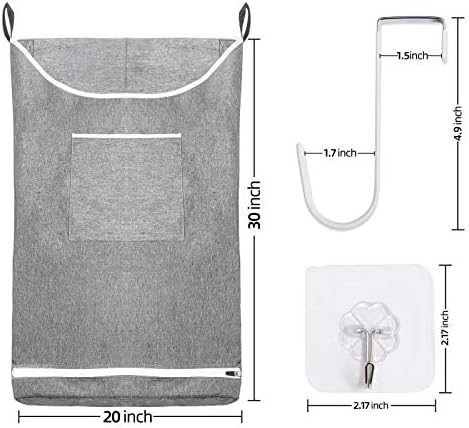 Hanging Laundry Hamper Bag Space Saving Wall with Stainless Steel Hooks Dirty Clothes Bag Large Storage Folding Basket Hanging Zippered Laundry Basket for College, Closet, Behind Doors (Gray, 1)