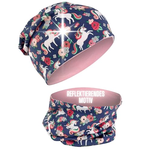 HECKBO Einhorn Beanie Kinder Mütze & Schlauchschal – 360° Reflektor –...