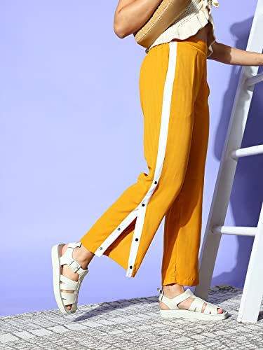 Image of PANIT Women Stylish Mustard Solid Slitted Trousers