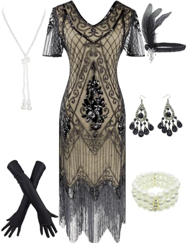 Women's 1920s Gatsby Inspired Sequin Beads Long Fringe Flapper Dress w/Accessories Set (Large, Style08-Black&Beige)