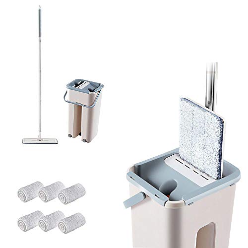Volwco Juego de fregona plana y cubo para sistema profesional de limpieza del suelo del hogar, fregona de microfibra con 6 almohadillas reutilizables, mango de acero inoxidable