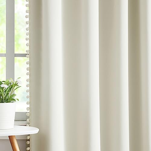 Image of Treatmentex Full Blackout Curtains for Bedroom Natural Ivory Pom-Pom Thermal Insulated Window Drapes 63inch Length Curtain Panels for Kids Guest Room Hotel 52 inch Wx 2pcs Beige Rod Pocket