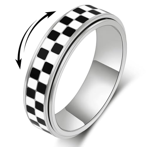Fidget Ring for Anxiety Women Men, Black and White Checkered Pattern Stainless Steel Spinner Jewelry Anxiety Relief Items for Adults Gold Plated/Silver Size 5-11
