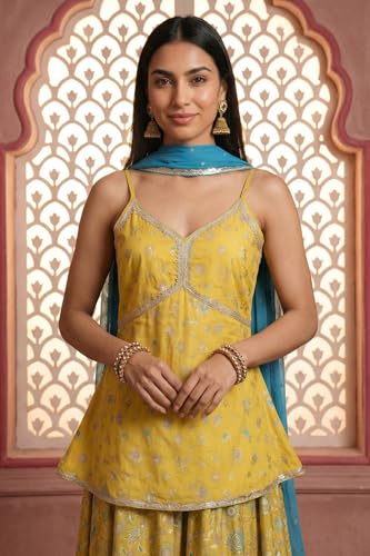 Image of Aurelia Women's Floral Printed Sequins Spaghetti Strap Short Top and Lehenga Set with Dupatta