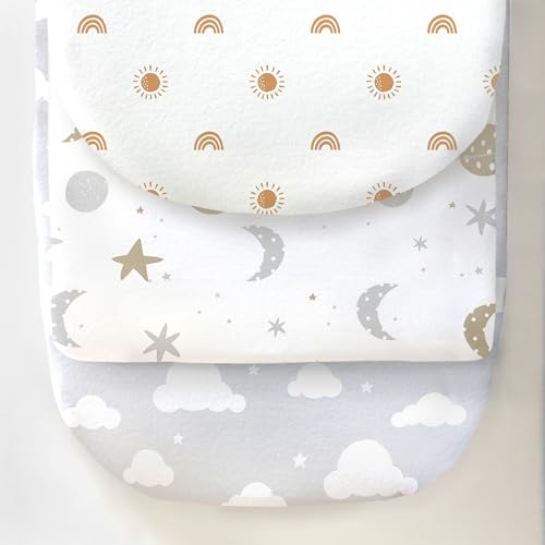 Image of 100% Organic Cotton Jersey Fitted Bassinet Sheets. 3 Pk Adapts to Oval, Hourglass & Rectangle Shaped Bassinet Pads. Fits Halo, Snoo, Graco, Baby Delight and Most Other Standard Size Bassinets.