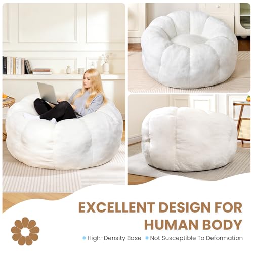 Image of Flower Bean Bag Chair for Teens and Young Adults, Soft Faux Fur Floor Seating with Memory Foam, Aesthetic Room Decor Cozy Lounger for College Dorm, White