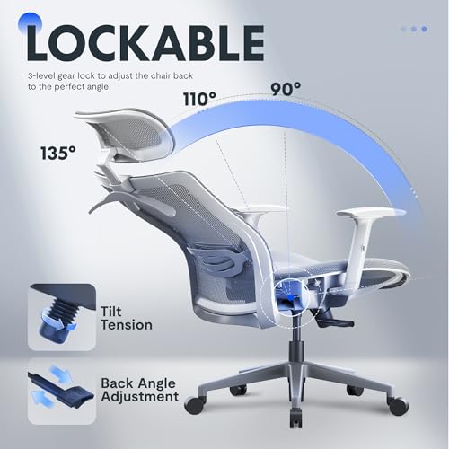 Image of FLEXISPOT OC3 Air Ergonomic Office Chair Mesh Back Swivel Computer Chair Executive Office Desk Chairs with Adjustable Lumbar Support /2D Headrest /Lockable Backrest, Mesh Seat Cushion, Light Gray
