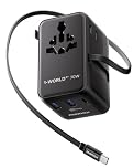 Momax Universal Travel Adapter with Cable, 70W GaN Travel Plug Adapter Worldwide with 2 USB-C & 2 USB-A, AC Outlet, Type A/C/G/I Plugs for 200+ Countries, Safe for Laptops, Phones, Black