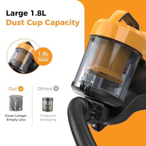 Image of NEWBULIG Canister Vacuum Cleaners for Home, Bagless Vacuum Cleaner, Yellow | 850W 16Kpa Suction, 12.14 ft Retractable Cord, Washable HEPA, 1.8L Large Dust Cup for Hard Floor & Carpet