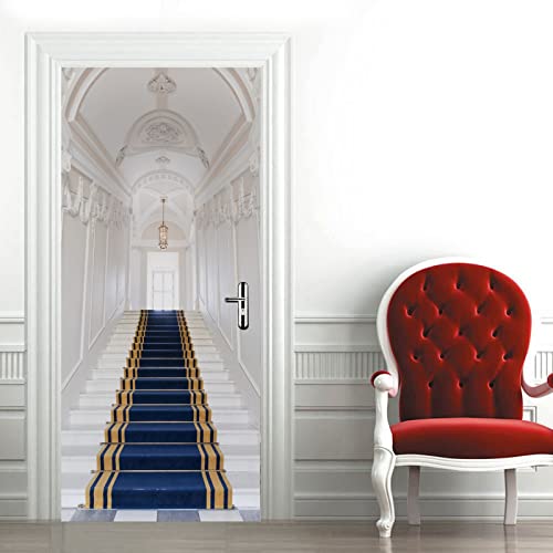 A.Monamour Pegatinas Decorativas de Puerta Autoadhesivo 3D Pasillo Interior De Escalera Salón Del Palacio Alfombra Dorada Azul Vinilo para Puertas Mural PVC Pegatinas de Pared Foto Poster 85 x 200 cm