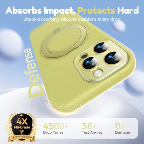 Image of Silicone 360 Spin Magnetic Stand Case for iPhone 16 Pro Max, [Compatible with Mag-Safe][Reinforced Hard Camera Protection] Liquid Silicone Rubber Phone Cover with Ring, Camera Button, Butter Yellow