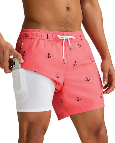 Image of maamgic Mens Swim Trunks with Compression Liner 5 Inch, Quick Dry Bathing Suit with Zipper Pockets, No-Chafing Swim Shorts