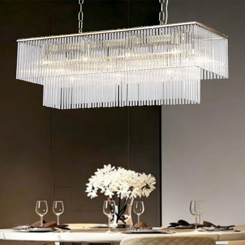 DEARLAN Modern Rectangular Pendant Lighting Fixture for Dining Rooms L33.5 Copper Glass Hanging Ceiling Light Fixture Pendant Lamp for Living Room Kitchen Farmhouse Linear Oblong Chandeliers 13-Light