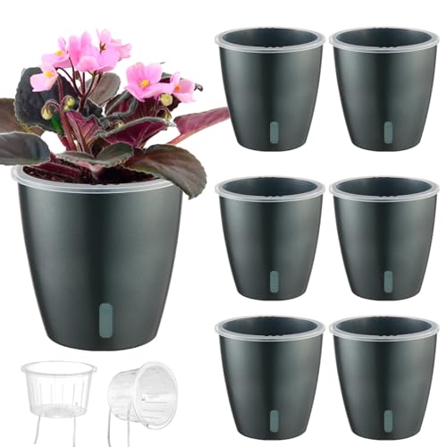 KvyusFlourish Self Watering Pots for Indoor Plants, 6-Pack 5'' Self Watering Planter with Drainage Holes, Small African Violet Pots with Water Indicator, Clear Wick Orchid Pot, Grey