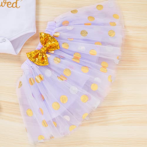 Grnshts Newborn Infant Baby Girl Clothes Ruffle Sleeve Letter Print Romper+Tutu Skirt+Legging Warmer+Headband 4Pcs Outfit Set (Dot Purple, Newborn) #TOP5