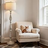 PARTPHONER Vintage Floor Lamp for Living Room, Rustic Farmhouse Standing Lamp with Rotary Switch and Linen Shade, Retro Resin Floor Lamp for Bedroom, Corner, Dining Room, House Decor, Grey