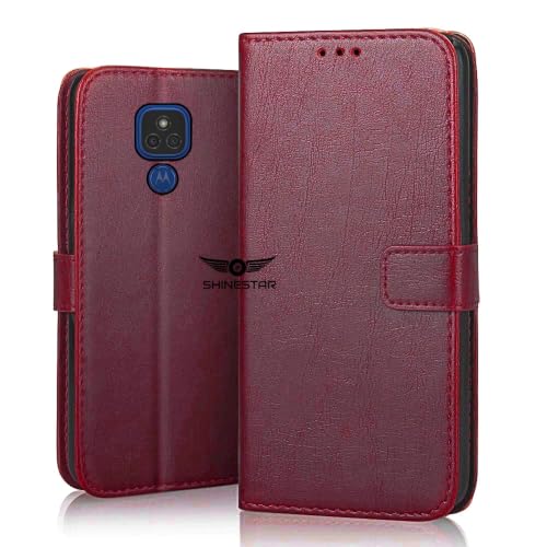 Image of SHINESTAR Motorola E7 Plus /Moto G9 Flip Back Cover | PU Leather Flip Cover Wallet Case with TPU Silicone Case Back Cover for Motorola Moto E7 Plus /Moto G9 - Blood Red