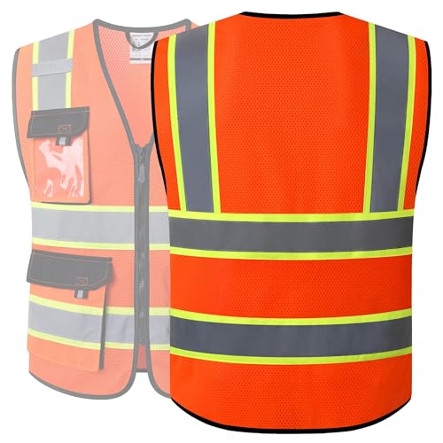 JKSafety Hi Vis Reflective Safety Vests for Men Women High Visibility Vest with Pockets Mesh Fabric Construction Safety Apparel Neon Vest for Work (220-Orange XXL)