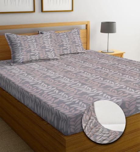 Image of NEW LEAF Premium Cotton Elastic Fitted Bedsheets with 2 King Size Pillow Covers | Double Bed with All Around Elastic 180 TC Supersoft | Size - 72 King Sizex78+10 inches | Blush Grey Leaves