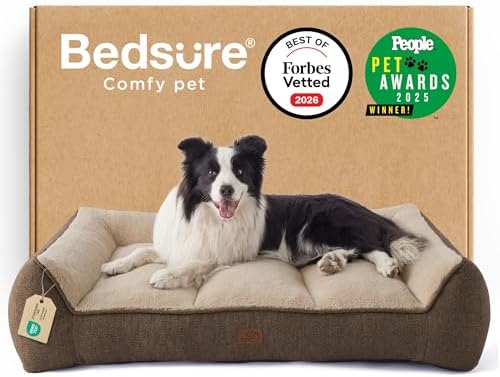 BEDSURE SupportMax™ extra Dickes ergonomisches Hundebett Grosse Hunde | 96x71x21cm Druckentlastendes Hundesofa, waschbarer Bezug, rutschfest, Sherpa-Plüsch, stilvolles Design, brau