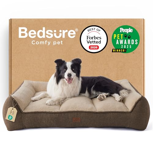 Image of Bedsure Orthopedic Dog Beds Large - 96x71cm Extra Thick Supportive Large Dogs Sofa with Waterproof Washable Cover, L Plus Pet Bed Sofa with Soft Plush Sherpa and Nonskid Bottom, Brown
