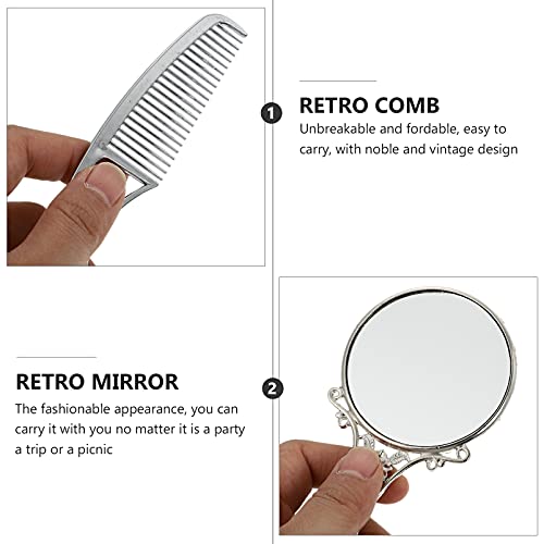 Lurrose 1 Set Vintage Mirror Comb Set Metal Antique Handheld Makeup Mirror Travel Cosmetic Mirror Decorative Tabletop Mirror Silver #TOP2