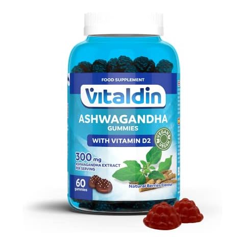 VITALDIN Ashwagandha Gummies - 300 mg Ashwagandha Root Extract KSM-66 & 1.000 IU Vitamin D2 - 60 Chewable Gummies (1 Month Supply) Berries Flavour - Anti-Stress adaptogen; Calm and Relaxation - Vegan Cover