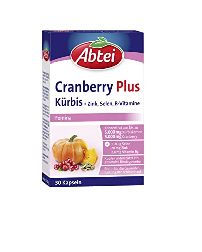 Abtei Cranberry Plus Kürbis - hochdosiert - Nahrungsergänzung für Bindegewebe, Schleimhaut und Immunsystem - mit Zink, Selen, Biotin und B-Vitaminen - 1 x 30 Kapseln
