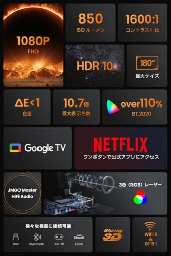 undefined JMGO N1S 3色レーザー プロジェクター【Google TV搭載/Netflix公式APP使用可 / 850ISOルーメン / ジンバル一体型/スタンド内蔵/オートフォーカス/リアルタイム補正/全自動台形補正 / 180インチ投影 / 小型 / 10Wスピーカー / 家庭用/天井 高輝度 / 2年保証】 の商品画像 4