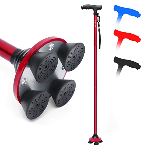 Bigalex Folding Walking Cane With Led Light,Pivoting Quad Base,Adjustable Walking Stick With Carrying Bag For Men/Women(30"-35" Red) #TOP6