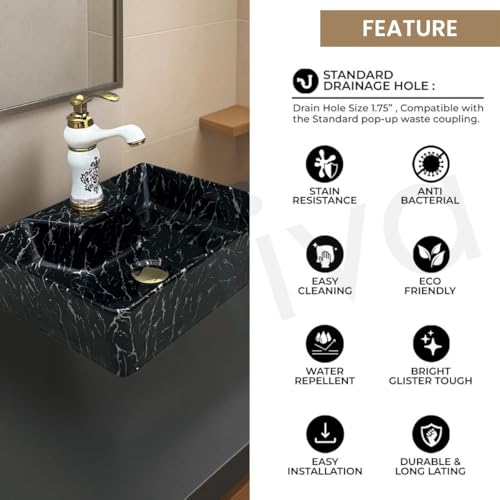 Image of Artiva Ceramic Wall Mounted Bathroom Basin /Designer Table Top Sink For Bathroom /Wall Hung Washbasin /Wash Basin For Cabinet /Countertop Vanity Sink (Nero Black 16 x 12 x 5 Inch)