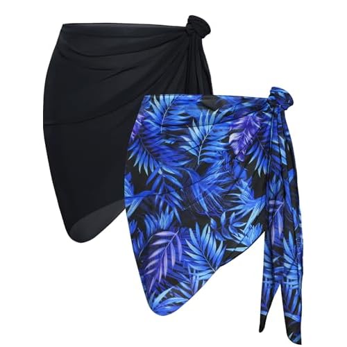 2 Pieces Sarong Cover Ups for Women Beach Bathing Suit Wrap Sheer Short Skirt Bikini Chiffon Scarf for Swimwear (Black, Blue Leaves)