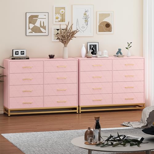 GarveeHome Dresser for Bedroom with 8 Drawer, TV Stand Dressers Chest of Drawers Large Wood Dresser for Storage and Organization (Pink)