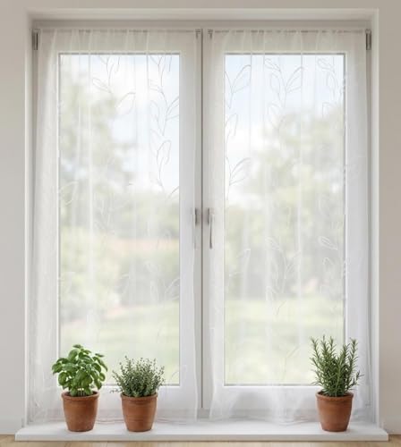 mauro Cortinas de cristal para interiores con efecto lino blanco con bordado blanco/gris, para cocina, salón, dormitorio, 45/70/90 cm ancho x 90-225 cm alto, gris 90 x 135 cm