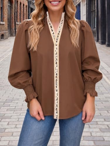 Tankaneo Womens Puff Long Sleeve Blouses Dressy Casual Smocked V Neck Tops — view 3