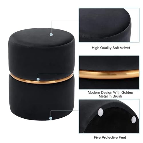 Image of Upholstered Velvet Round singal Strip Office Foot Rest Stool Round Padded Seat Pouf Ottoman for Living Room with Linen Fabric (Black)