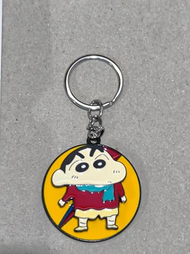Image of Crayon Shin-chan Cartoon Character Keychain, Round Metal Pendant, Yellow and Red