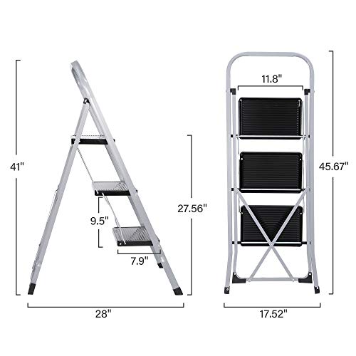 Junglea 3 Step Ladder,Folding Step Stool For Adults,Wide Anti-Slip Pedal,Portable Sturdy Lightweight 330 Lbs Capacity Step Ladder, Perfect For Kitchen Office & Household (Silver And Black+41''H) #TOP1