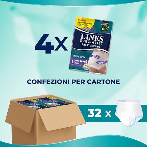 Lines Specialist Pants Maxi Unisex, Mutande Assorbenti per Incontinenza Donna e Uomo, Alta Protezione fino a 12h, Taglia L, Scorta Mensile, 4 Confezioni da 8 Unità - 6