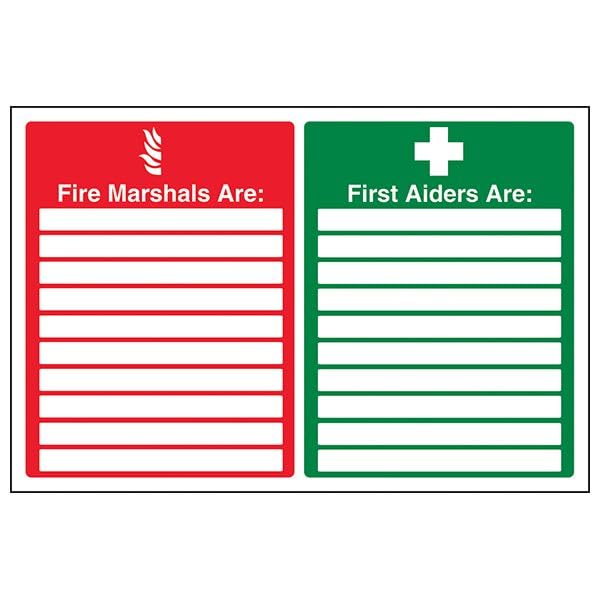 V Safety Fire Equipment - Fire Marshals/First Aiders - 400 X 300MM Safety Sign With Snap Frame, Red/Green, 400x300mm