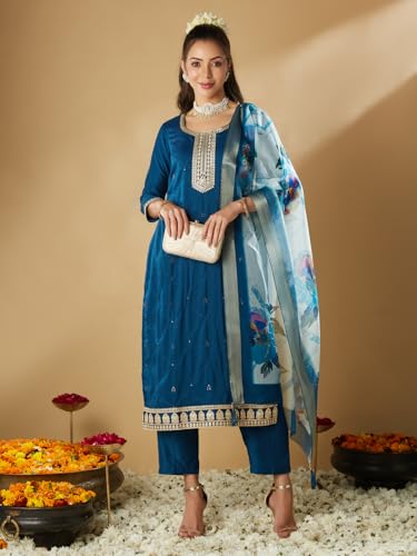 Image of MOKOSH Women's Muslin Embroidered Kurta Pant Dupatta Set (440-DM)