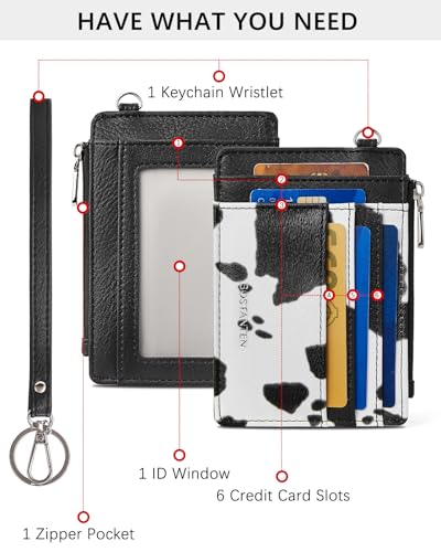 Image of BOSTANTEN Small Wallet For Women RFID Leather Credit Card Holder Slim Wristlet Keychain Wallet With Zipper Pocket White Cow Print