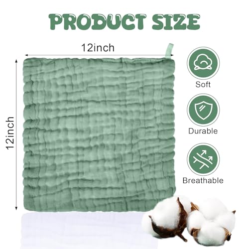 Image of Breling 20 Pcs Baby Muslin Washcloth 12 x 12 Inch 100% Cotton Soft and Absorbent Muslin Washcloth Burp Cloth Wipe Newborn Face Towel for Baby Boy Girl Sensitive Skin (White, Khaki, Dark Green)
