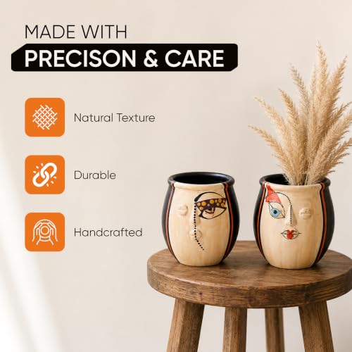 Image of Aakriti Art Creations Terracotta Face Art Twin Pots Set of 2 | Multicolor Modern Art Decorative Pots | Matte Finish Planters for Home & Office Table Decor